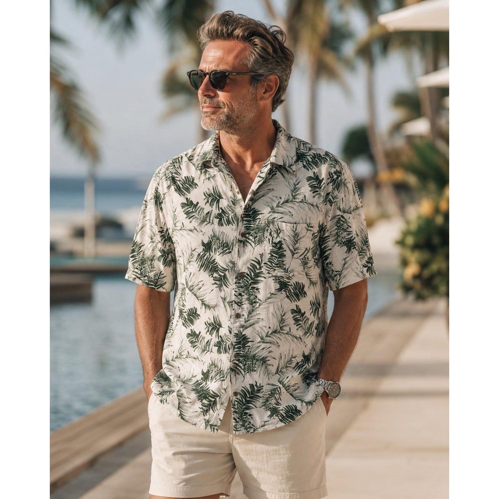 VTG Lord & Taylor Mens Large 100% Silk Button Down Palm Leaf Shirt Resortwear